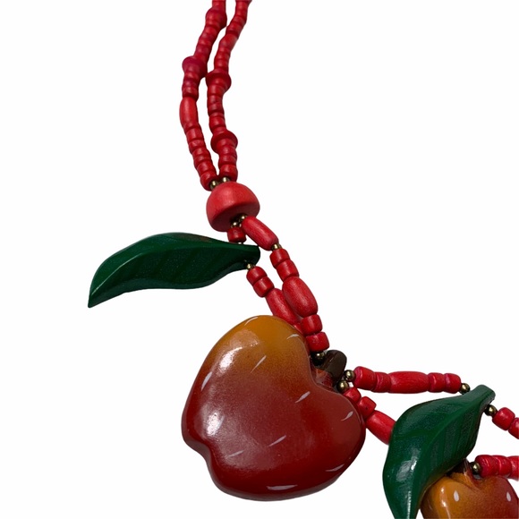 Vintage Wooden Painted Red Apples Kitschy Necklace - Picture 3 of 5